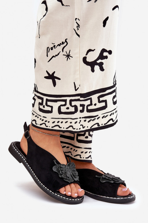 Womens sandals on flat heel with decoration black Setorina Womens sandals on flat heel with decoration black Setorina