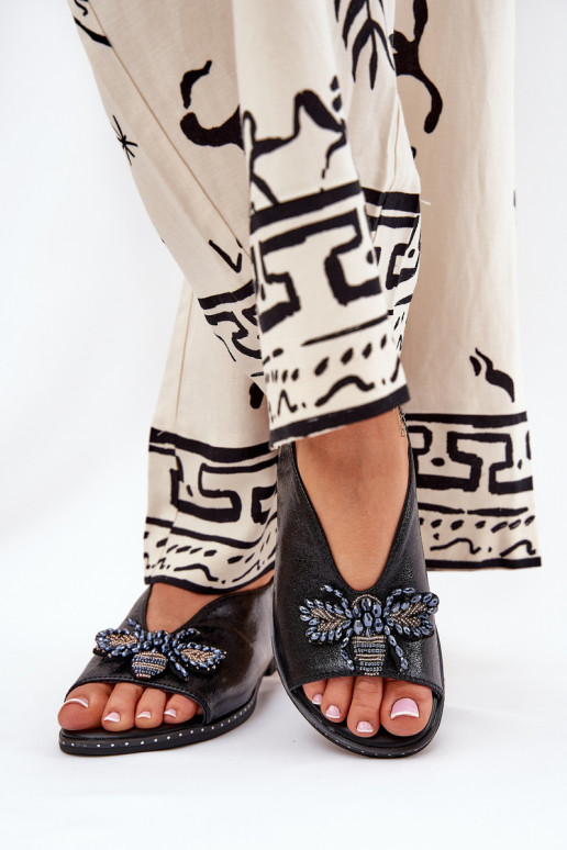 Shiny Women's Sandals With Decoration Flat Black Russona