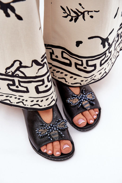 Shiny Women's Sandals With Decoration Flat Black Russona