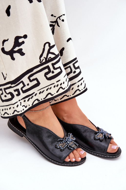 Połyskujące Sandały Damskie Z Ozdobą Płaskie Czarne Russona Połyskujące Sandały Damskie Z Ozdobą Płaskie Czarne Russona