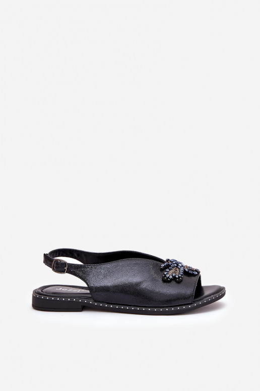 Shiny Women's Sandals With Decoration Flat Black Russona