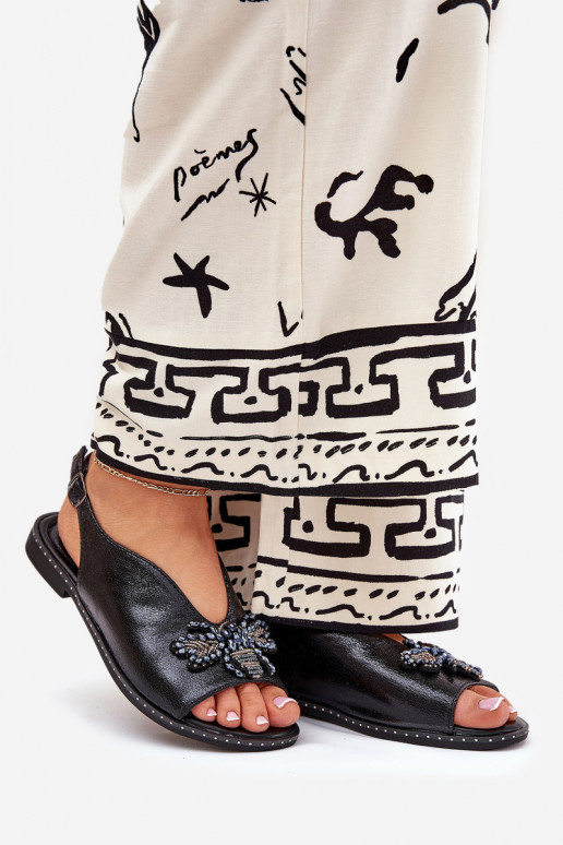 Połyskujące Sandały Damskie Z Ozdobą Płaskie Czarne Russona Połyskujące Sandały Damskie Z Ozdobą Płaskie Czarne Russona