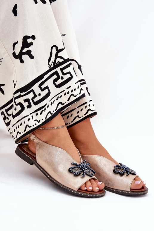 Połyskujące Sandały Damskie Z Ozdobą Płaskie Różowe Złoto Russona