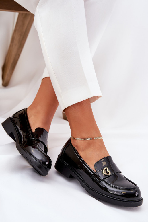Lacquered Women's Moccasins With Heart Black S.Barski HY51-379 Lacquered Women's Moccasins With Heart Black S.Barski HY51-379