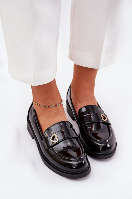 Lacquered Women's Moccasins With Heart Black S.Barski HY51-379 Lacquered Women's Moccasins With Heart Black S.Barski HY51-379
