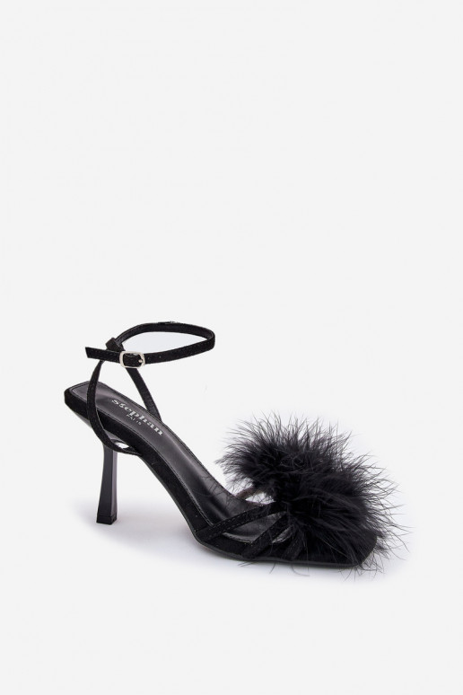 Ladies High Heels Sandals With Feathers Black Xaliope