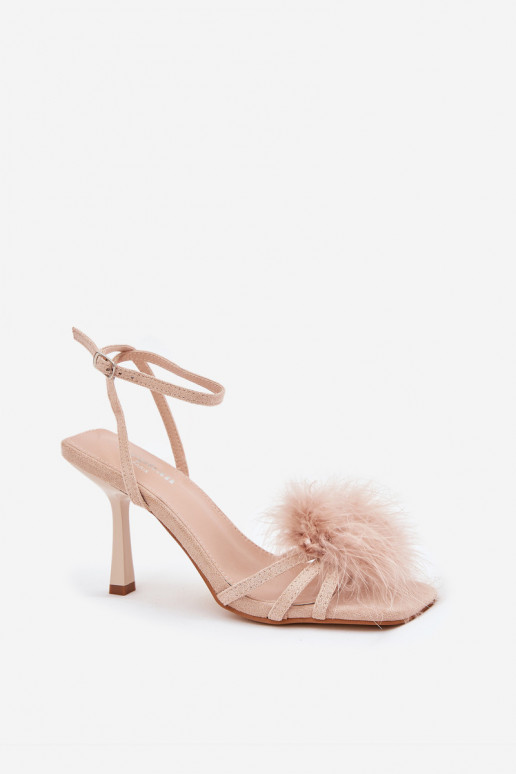 Women's Heeled Sandals With Feathers Beige Xaliope