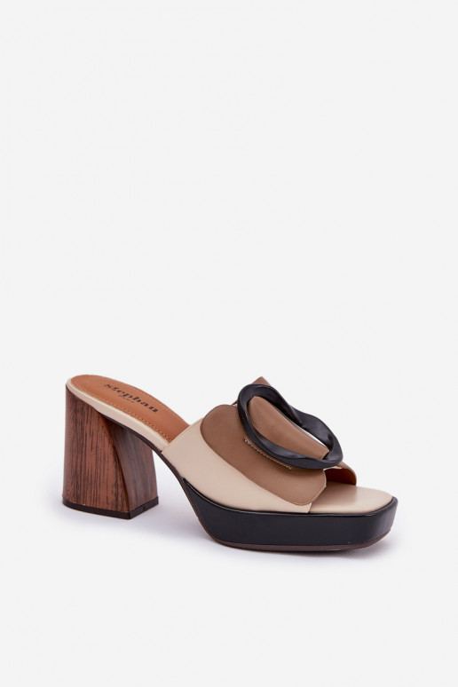 Women's sandals on block heel with buckle dark beige Amuria