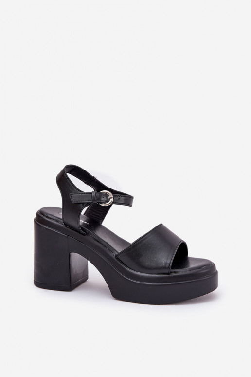 Ladies sandals on chunky heel and platform made of eco leather black Korlevia