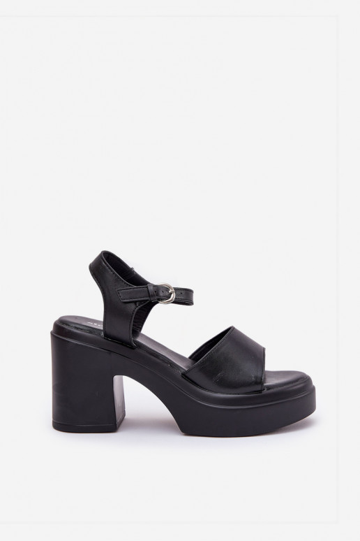 Ladies sandals on chunky heel and platform made of eco leather black Korlevia