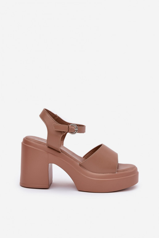 Women's sandals on a chunky heel and platform made of eco leather dark beige Korlevia