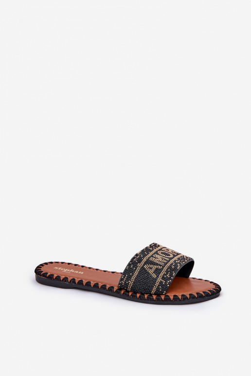 Klapki Damskie Na Płaskim Obcasie Ze Zdobieniem Czarne Dorfedi