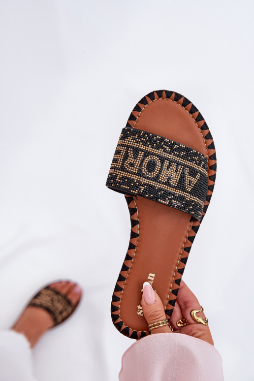 Ladies Flat Heeled Slippers With Decoration Black Dorfedi