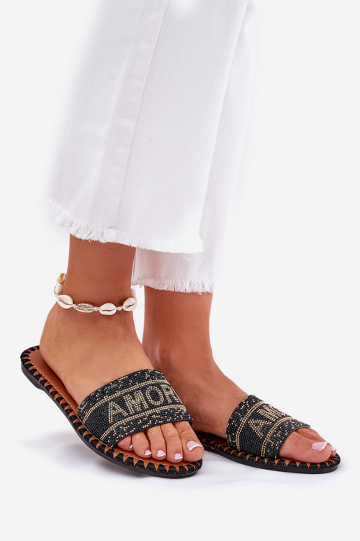 Ladies Flat Heeled Slippers With Decoration Black Dorfedi