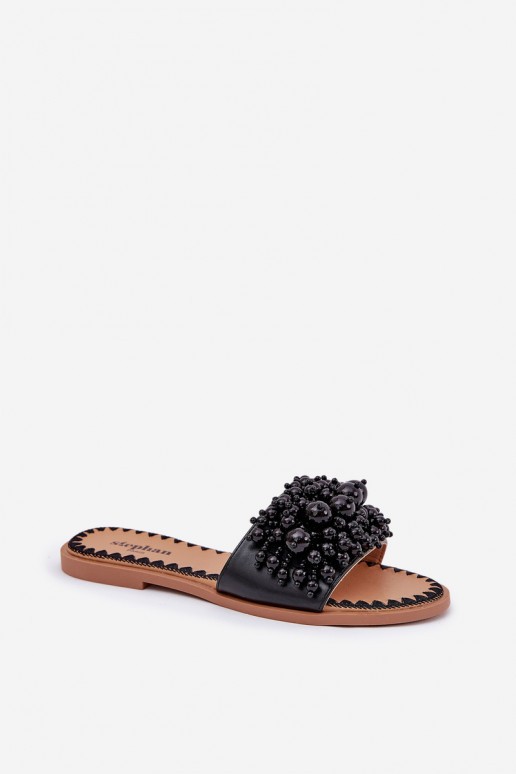 Women's Flat Sandals With Decorative Beads Black Aricca