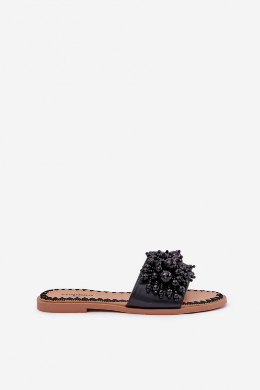 Women's Flat Sandals With Decorative Beads Black Aricca