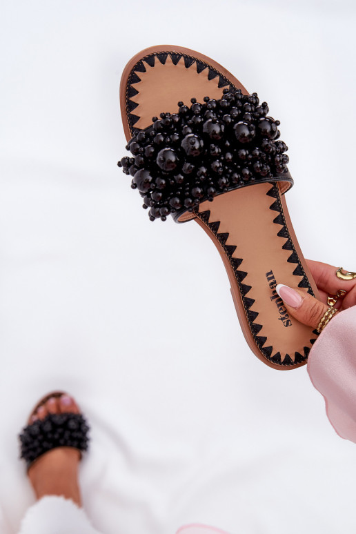 Women's Flat Sandals With Decorative Beads Black Aricca