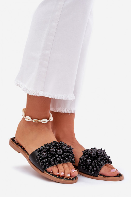 Women's Flat Sandals With Decorative Beads Black Aricca