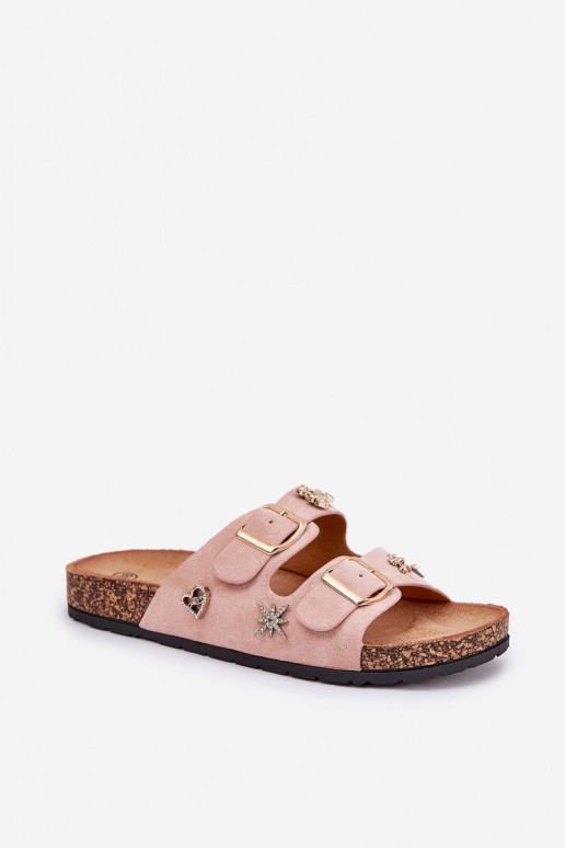 Women's sandals on cork sole with buckles and embellishments light pink Efadelis
