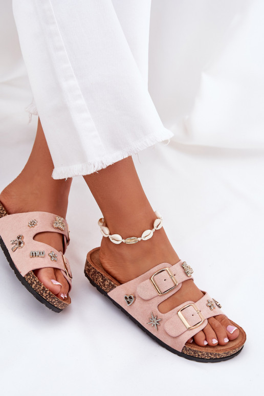 Women's sandals on cork sole with buckles and embellishments light pink Efadelis