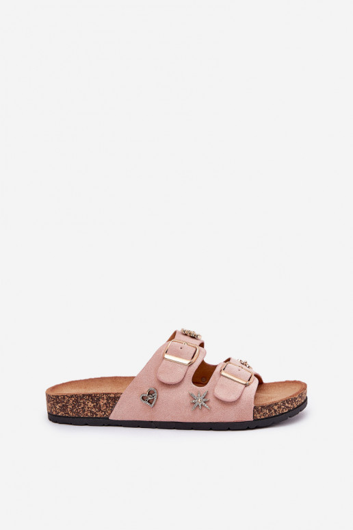 Women's sandals on cork sole with buckles and embellishments light pink Efadelis