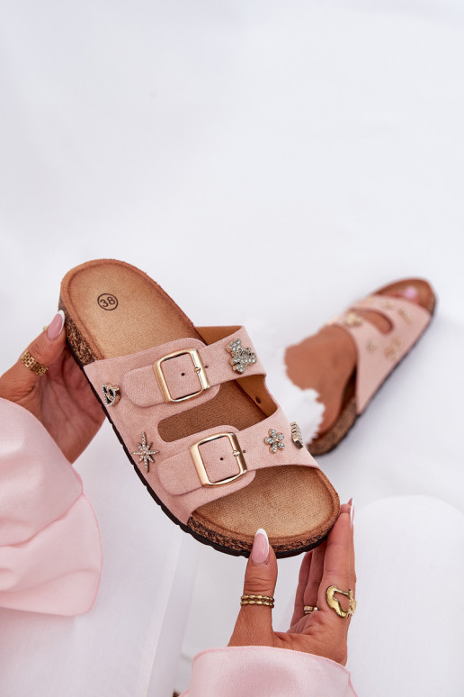 Women's sandals on cork sole with buckles and embellishments light pink Efadelis