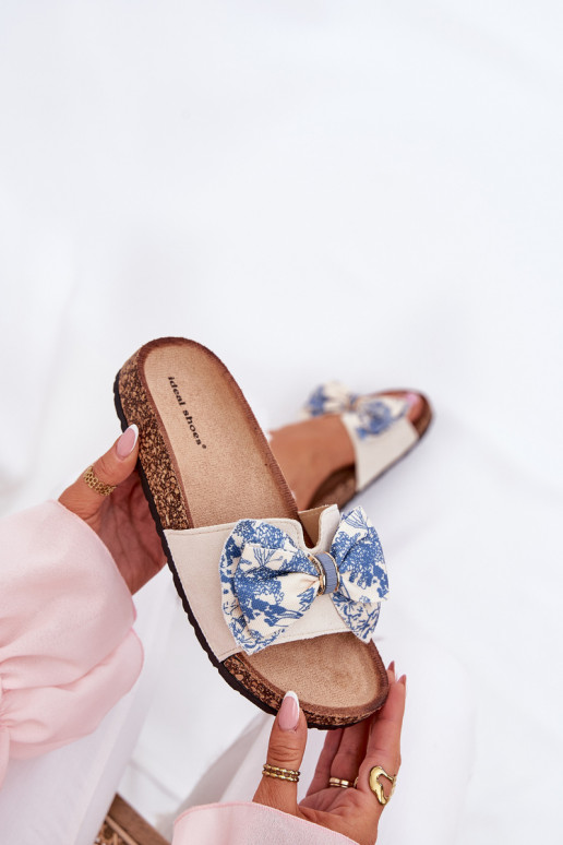 Women's Slide Sandals With Bow On Cork Platform Blue Lisandrea