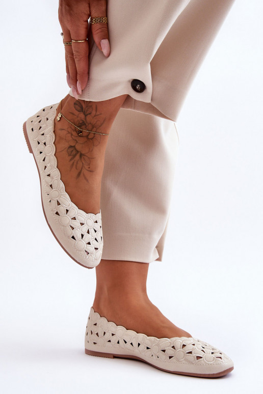 Ażurowe Błyszczące Baleriny Damskie Beżowe Visionary