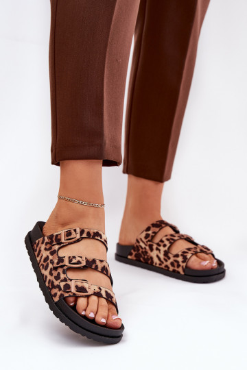 Ladies Slippers With Straps And Buckles In Leopard Print Brown Uliri 2
