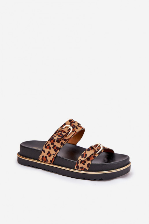 Women's leopard print platform sandals with straps and buckles brown Ziferte