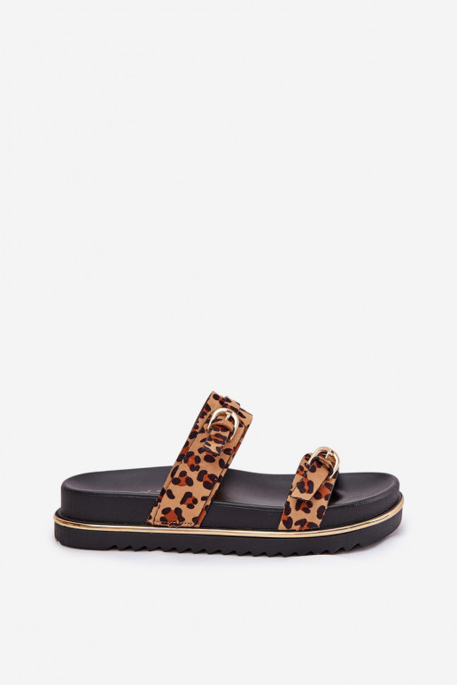 Klapki Damskie w Panterkę Na Platformie Z Paskami I Klamrami Brązowe Ziferte