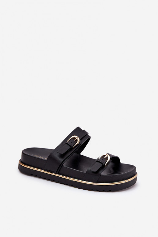 Women's Smooth Platform Slippers With Straps And Buckles Black Ziferte