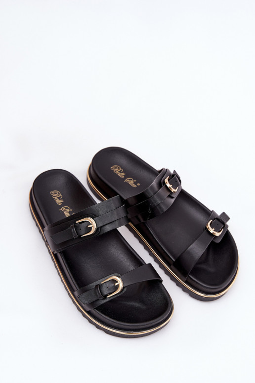 Women's Smooth Platform Slippers With Straps And Buckles Black Ziferte