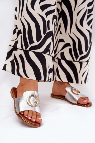 Eco Leather Flat Sandals For Women With Decorative Detail Silver Frelie 2