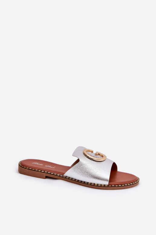 Eko Skórzane Płaskie Klapki Damskie Z Ozdobnym Detalem Srebrne Frelie