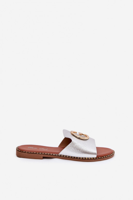 Eco Leather Flat Sandals For Women With Decorative Detail Silver Frelie