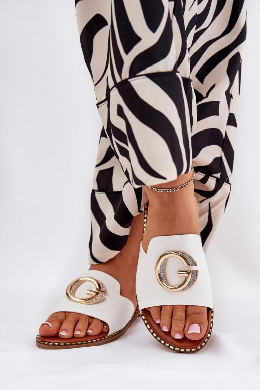 Eco Leather Flat Women's Sandals With Decorative Detail White Frelie