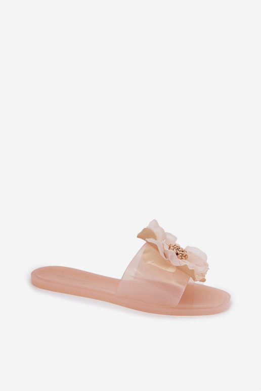 Transparent Flat Ladies Slippers With Artificial Flower Nude Vobetta