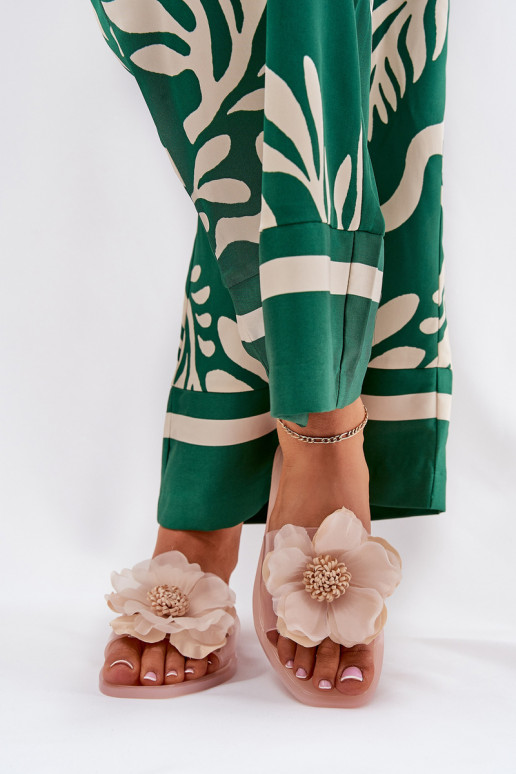 Transparent Flat Ladies Slippers With Artificial Flower Nude Vobetta