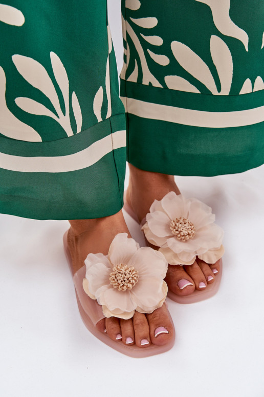 Transparent Flat Ladies Slippers With Artificial Flower Nude Vobetta