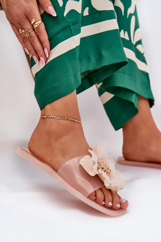 Transparent Flat Ladies Slippers With Artificial Flower Nude Vobetta