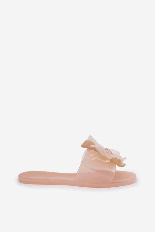 Transparent Flat Ladies Slippers With Artificial Flower Nude Vobetta