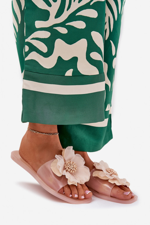 Transparent Flat Ladies Slippers With Artificial Flower Nude Vobetta