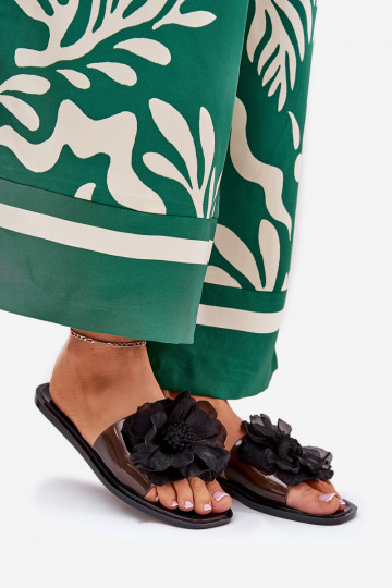 Transparentne Płaskie Klapki Damskie Ze Sztucznym Kwiatem Czarne Vobetta