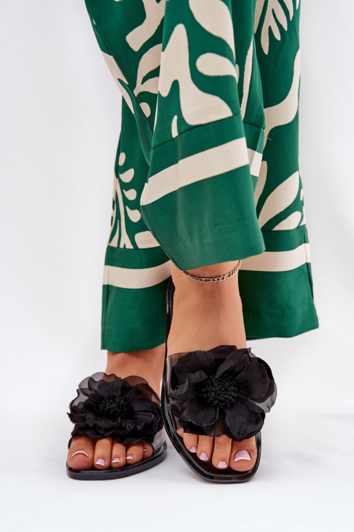 Transparent Flat Women's Slippers With Artificial Flower Black Vobetta