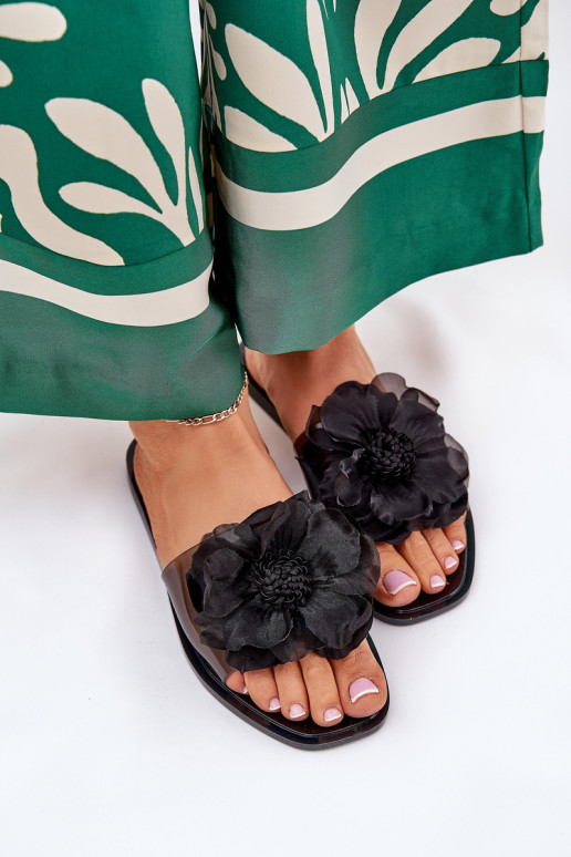 Transparent Flat Women's Slippers With Artificial Flower Black Vobetta