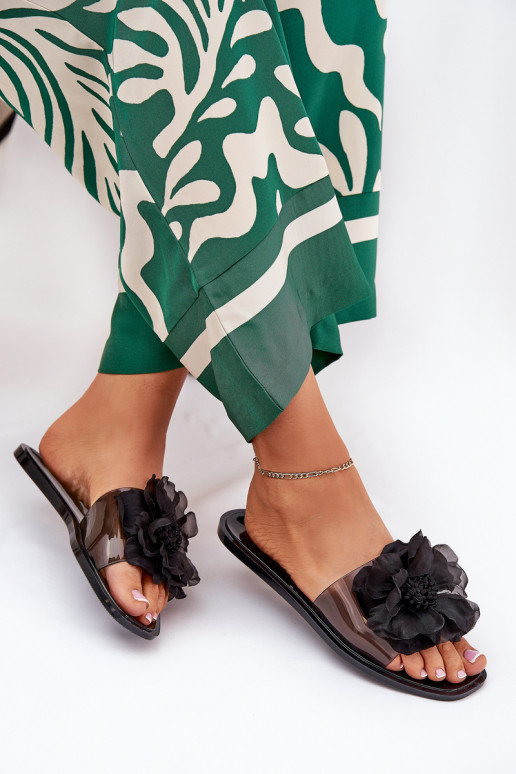 Transparent Flat Women's Slippers With Artificial Flower Black Vobetta