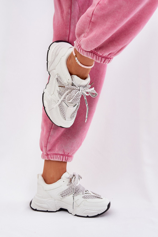 Sneakersy Buty Sportowe Damskie Z Podwójnym Sznurowaniem Białe Efobell