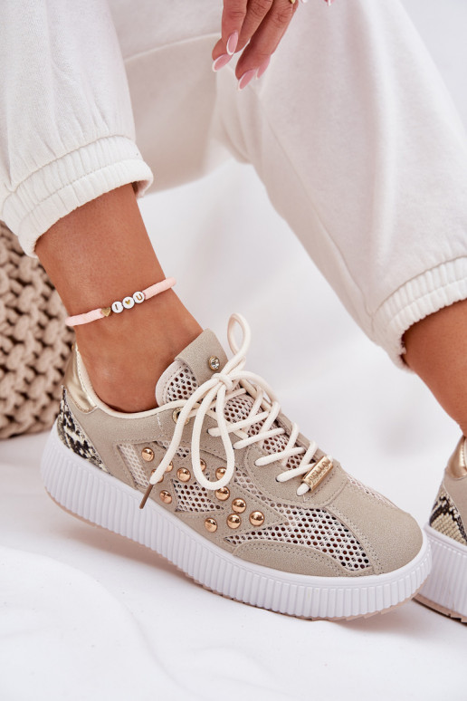 Buty Sportowe Damskie Z Siateczką I Ćwiekami Beżowe Ogalda
