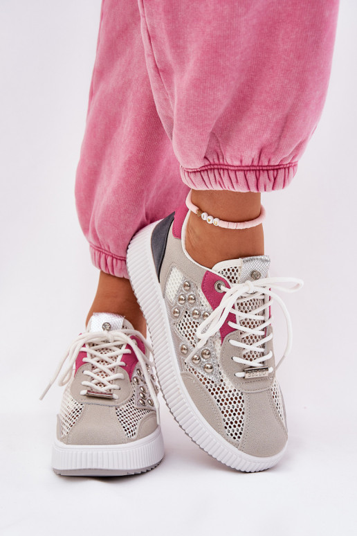 Ladies Sports Shoes With Mesh And Studs Gray Ogalda